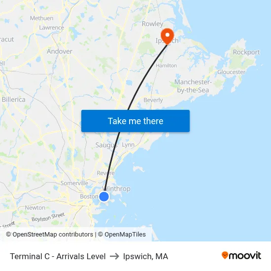 Terminal C - Arrivals Level to Ipswich, MA map