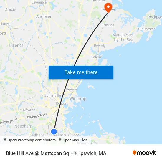 Blue Hill Ave @ Mattapan Sq to Ipswich, MA map