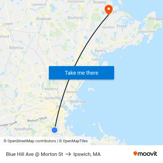 Blue Hill Ave @ Morton St to Ipswich, MA map