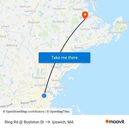 Ring Rd @ Boylston St to Ipswich, MA map
