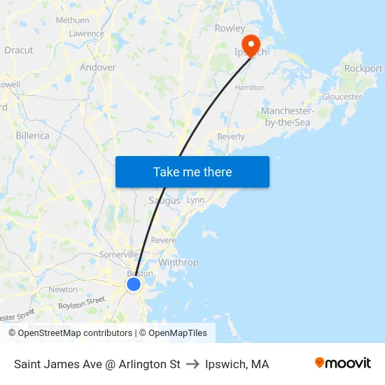 Saint James Ave @ Arlington St to Ipswich, MA map