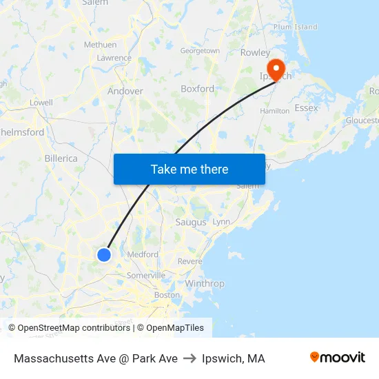 Massachusetts Ave @ Park Ave to Ipswich, MA map