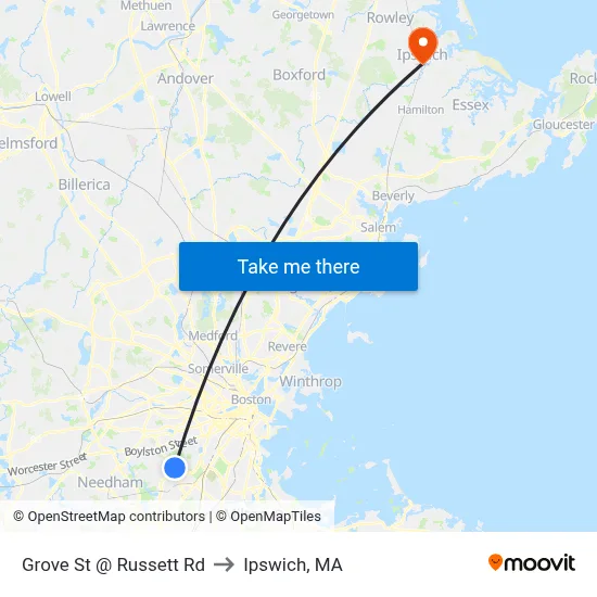 Grove St @ Russett Rd to Ipswich, MA map