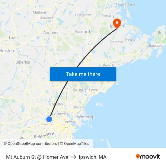 Mt Auburn St @ Homer Ave to Ipswich, MA map