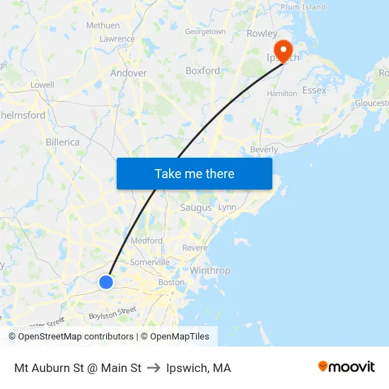 Mt Auburn St @ Main St to Ipswich, MA map