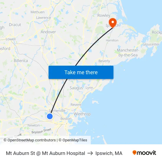 Mt Auburn St @ Mt Auburn Hospital to Ipswich, MA map