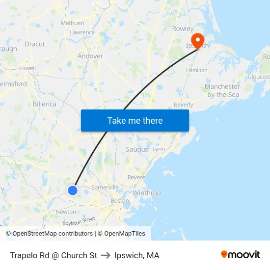 Trapelo Rd @ Church St to Ipswich, MA map