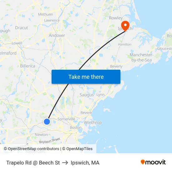 Trapelo Rd @ Beech St to Ipswich, MA map
