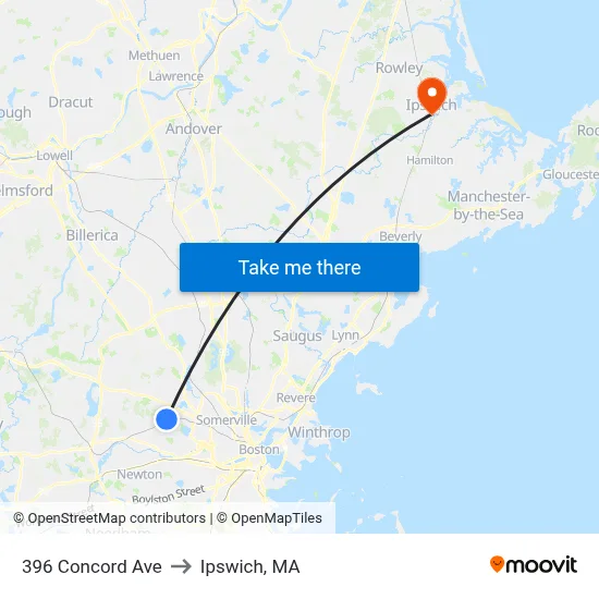 396 Concord Ave to Ipswich, MA map