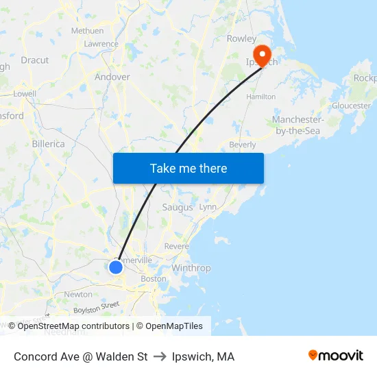 Concord Ave @ Walden St to Ipswich, MA map