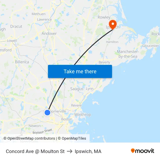 Concord Ave @ Moulton St to Ipswich, MA map