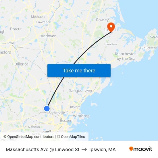 Massachusetts Ave @ Linwood St to Ipswich, MA map