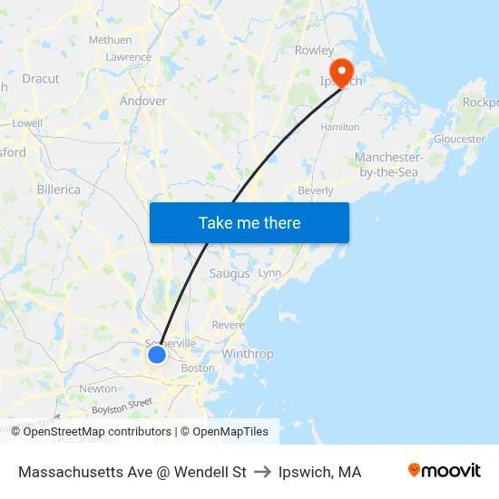 Massachusetts Ave @ Wendell St to Ipswich, MA map