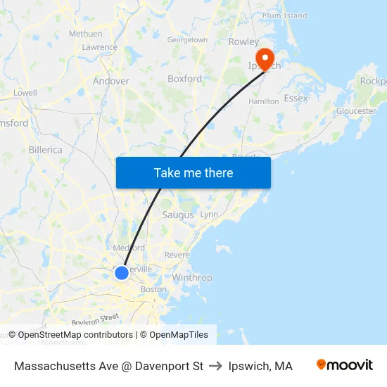 Massachusetts Ave @ Davenport St to Ipswich, MA map