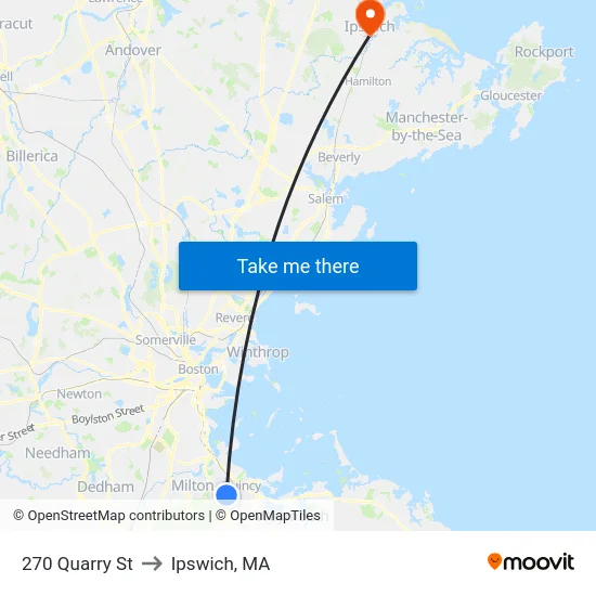 270 Quarry St to Ipswich, MA map