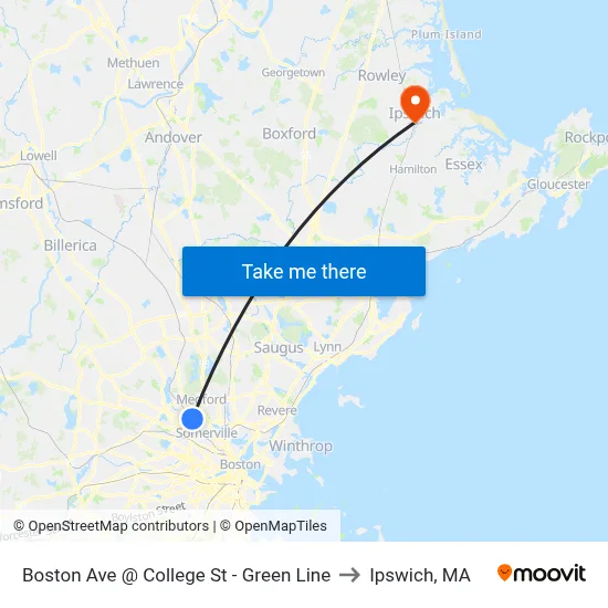 Boston Ave @ College St - Green Line to Ipswich, MA map