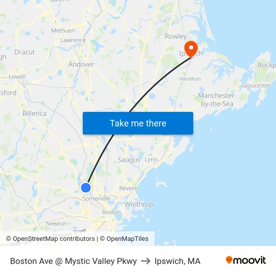 Boston Ave @ Mystic Valley Pkwy to Ipswich, MA map