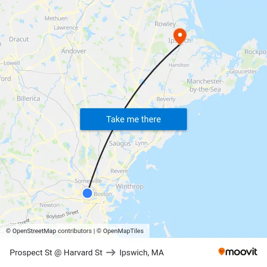 Prospect St @ Harvard St to Ipswich, MA map