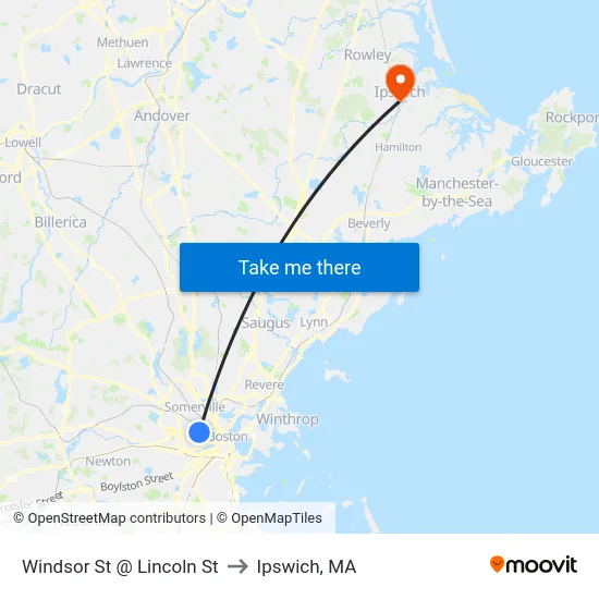 Windsor St @ Lincoln St to Ipswich, MA map