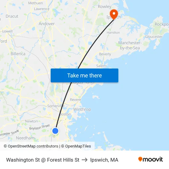 Washington St @ Forest Hills St to Ipswich, MA map