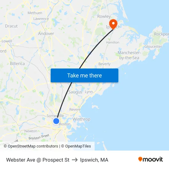 Webster Ave @ Prospect St to Ipswich, MA map