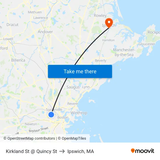Kirkland St @ Quincy St to Ipswich, MA map