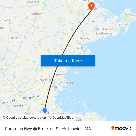 Cummins Hwy @ Brockton St to Ipswich, MA map