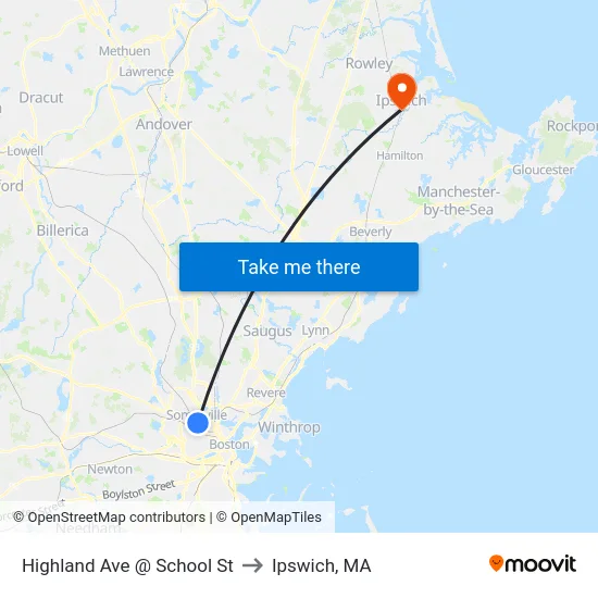 Highland Ave @ School St to Ipswich, MA map