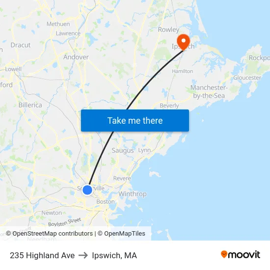 235 Highland Ave to Ipswich, MA map