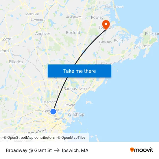 Broadway @ Grant St to Ipswich, MA map
