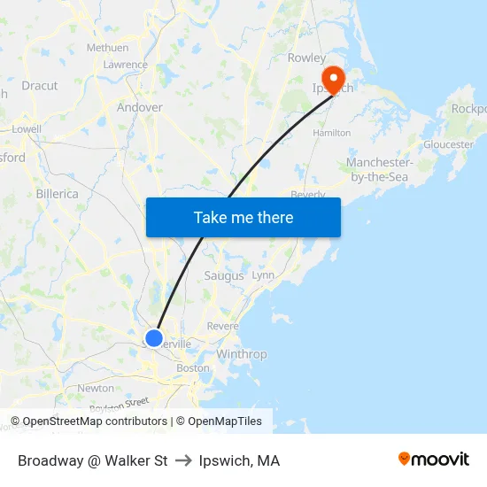 Broadway @ Walker St to Ipswich, MA map