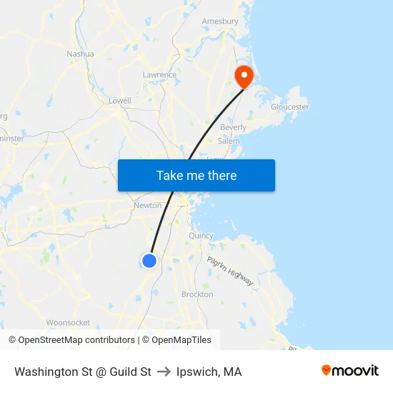 Washington St @ Guild St to Ipswich, MA map