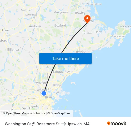 Washington St @ Rossmore St to Ipswich, MA map