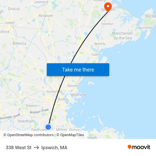 338 West St to Ipswich, MA map