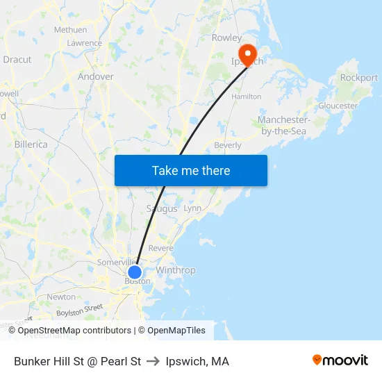 Bunker Hill St @ Pearl St to Ipswich, MA map