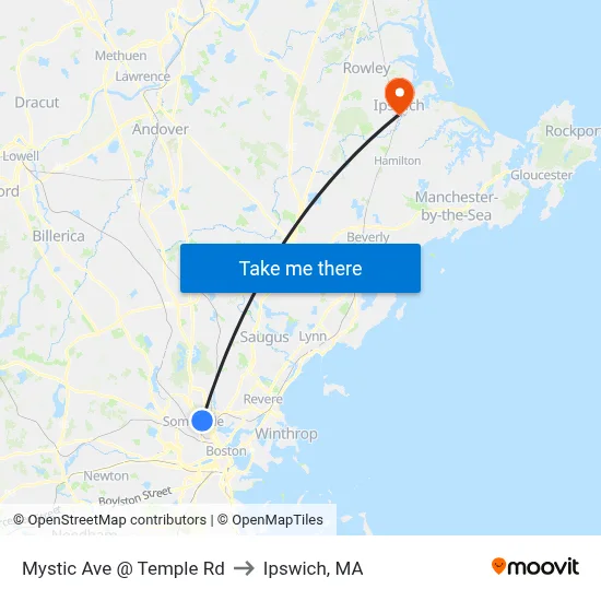 Mystic Ave @ Temple Rd to Ipswich, MA map