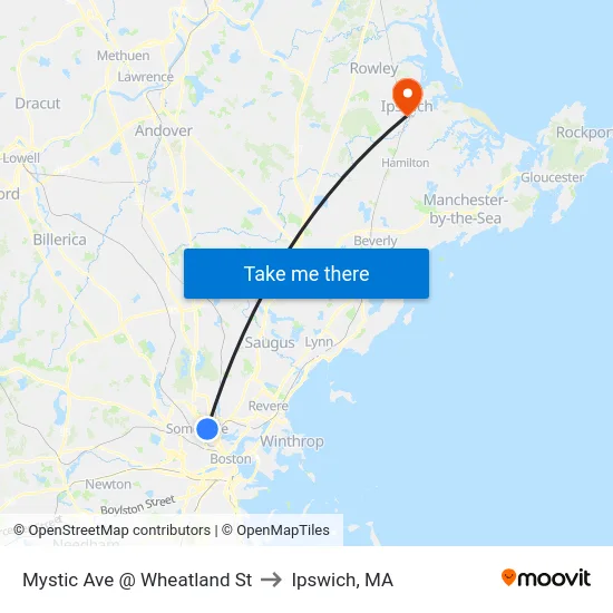 Mystic Ave @ Wheatland St to Ipswich, MA map