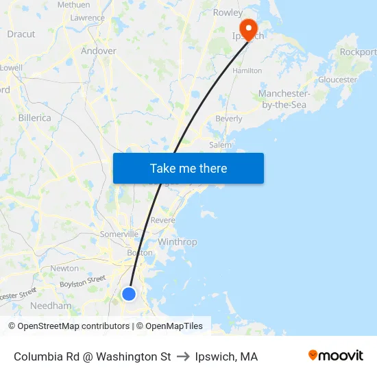 Columbia Rd @ Washington St to Ipswich, MA map