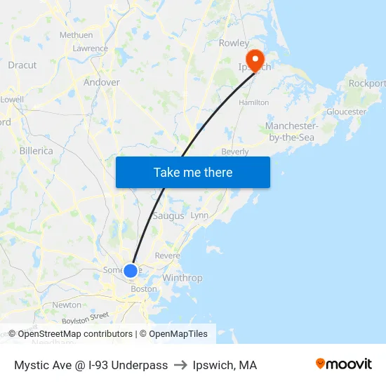 Mystic Ave @ I-93 Underpass to Ipswich, MA map