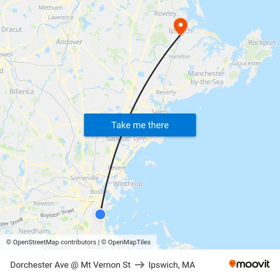 Dorchester Ave @ Mt Vernon St to Ipswich, MA map