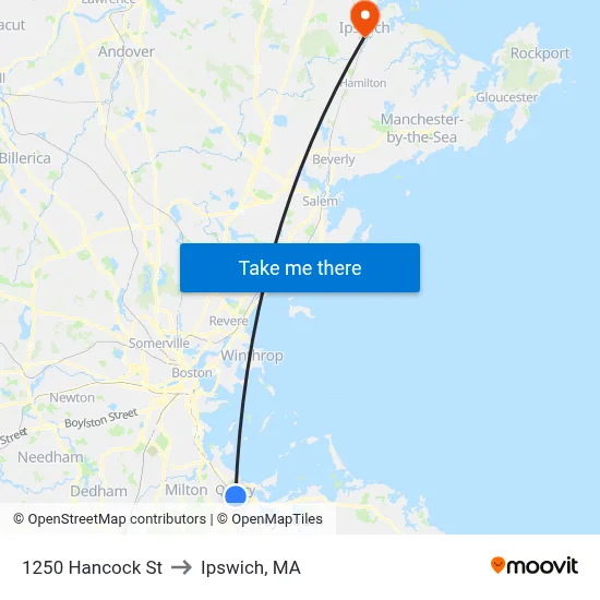 1250 Hancock St to Ipswich, MA map