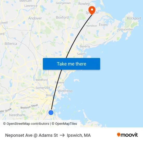 Neponset Ave @ Adams St to Ipswich, MA map