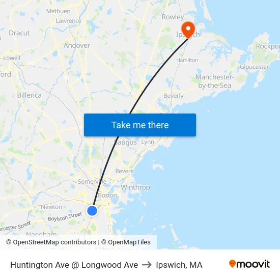 Huntington Ave @ Longwood Ave to Ipswich, MA map