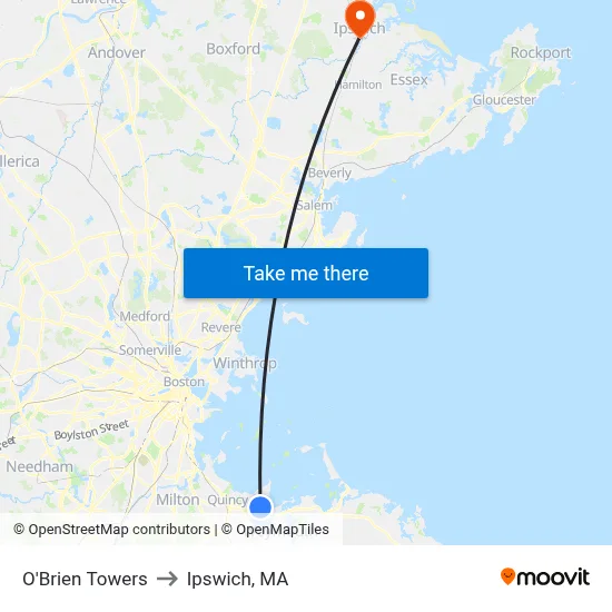 O'Brien Towers to Ipswich, MA map