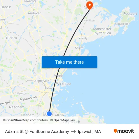 Adams St @ Fontbonne Academy to Ipswich, MA map