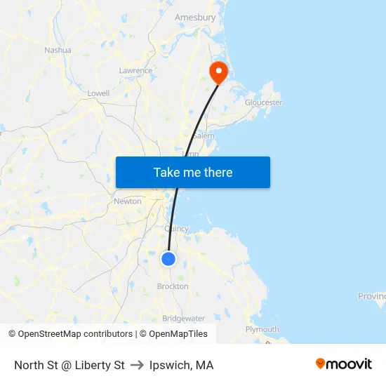 North St @ Liberty St to Ipswich, MA map