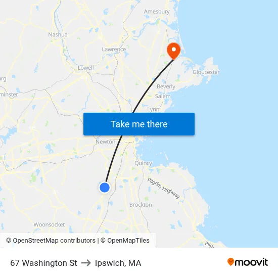 67 Washington St to Ipswich, MA map