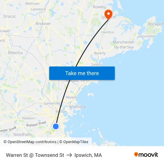 Warren St @ Townsend St to Ipswich, MA map