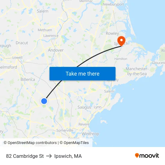 82 Cambridge St to Ipswich, MA map