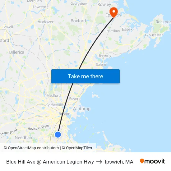 Blue Hill Ave @ American Legion Hwy to Ipswich, MA map